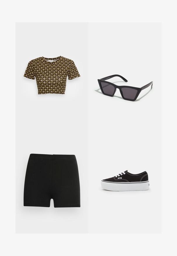 Brun cropped t-shirt med korte ærmer, der har et gentaget mønster i creme og lys grøn. Blød tekstur med rund halsudskæring.; Sorte bomulds shorts med et tætsiddende design og elastisk talje. Glat tekstur, længde til midt på låret, og uden synlige mønstre eller accenter.; Sort lærred sneakers med en hvid gummi platform sål, der har hvide snørebånd og syninger, ikonisk branding på siden, lav-top design.; Sorte, kantede solbriller med grå linser; lavet af plast, med tykke stænger med en glat overflade og ingen synlig hardware.