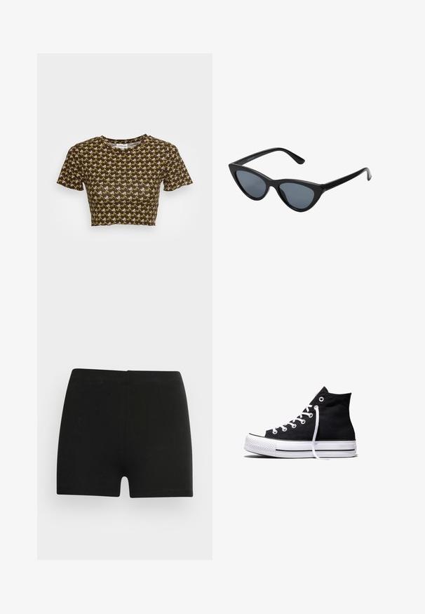 Brun cropped t-shirt med korte ærmer, der har et gentaget mønster i creme og lys grøn. Blød tekstur med rund halsudskæring.; Sorte bomulds shorts med et tætsiddende design og elastisk talje. Glat tekstur, længde til midt på låret, og uden synlige mønstre eller accenter.; Sort high-top canvas sneaker med hvid gummisål og hvide snørebånd, vist fra siden mod en hvid baggrund.; Sorte katteøje solbriller med mørkegrå linser, slankt plastisk stel, spidse hjørner og lige stænger. Ingen synlig hardware eller dekorationer.