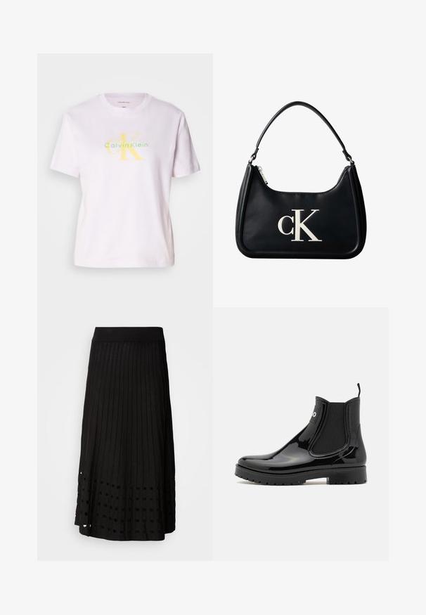 Camiseta de algodón blanca con cuello redondo y mangas cortas, con un logo de "Calvin Klein" en amarillo y verde y un gráfico de "CK" en la parte frontal.; Falda negra plisada con una cinturilla acanalada, que presenta un patrón de recortes redondeados cerca del dobladillo, fabricada con una textura de tela suave.; HUGO TABITA - Botas de agua - black; Bolso de hombro de cuero negro con cremallera plateada y logo "cK" blanco centrado en el frente.