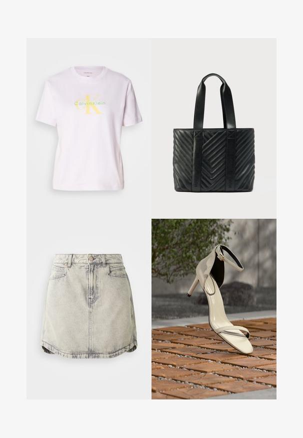 Camiseta de algodón blanca con cuello redondo y mangas cortas, con un logo de "Calvin Klein" en amarillo y verde y un gráfico de "CK" en la parte frontal.; Falda de denim en gris claro con textura desgastada, que cuenta con una cinturilla abotonada, bolsillos frontales y un dobladillo ligeramente curvado.; Sandalia de tacón alto beige con correa en el tobillo, sobre listones de madera al aire libre, con fondo desenfocado de vegetación y concreto.; Bolso tote negro acolchado con un patrón en chevron, con asas planas y marca en relieve en los laterales. Fabricado en cuero liso.