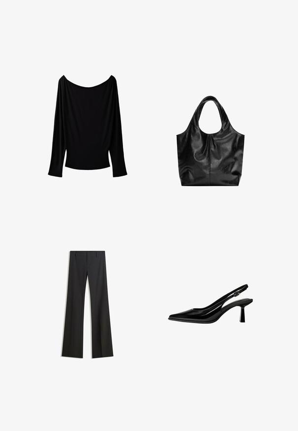 Haut noir à manches longues avec un large décolleté bateau, présentant une coupe légèrement ample et un ourlet droit.; Pantalon noir évasé avec une texture lisse, doté d'une coupe ajustée et d'une taille cintrée. Aucun motif ou ornement visible.; Escarpin slingback en cuir verni noir avec bout pointu, talon bloc de hauteur moyenne et bride réglable à boucle sur fond blanc.; Sac fourre-tout en cuir noir avec une texture lisse, un haut arrondi doux et de larges poignées. Présente une couture minimale et une silhouette décontractée.