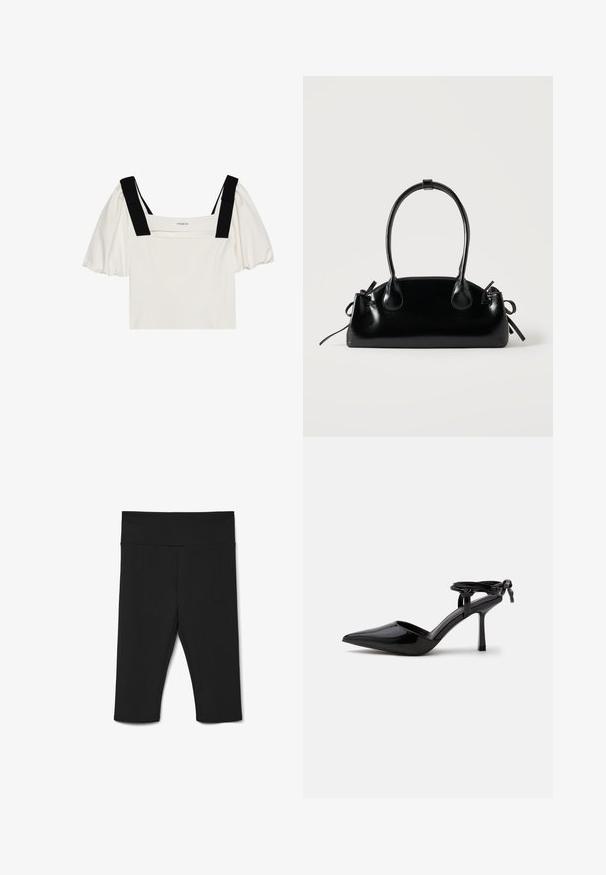 Top blanco de manga corta con mangas abullonadas, escote cuadrado y tirantes negros. Tejido suave con una forma ligeramente estructurada y un detalle mínimo.; Leggings negros hasta la rodilla hechos de un tejido elástico, con una cinturilla ancha y costuras planas para mayor comodidad. Sin patrones ni acentos visibles.; Zapato de tacón alto de cuero charol negro con punta puntiaguda y correa en el tobillo atada en un nudo en la parte trasera, mostrado sobre un fondo blanco liso.; Pequeño bolso negro brillante con dos asas largas y detalles de cordón lateral sobre un fondo claro liso.