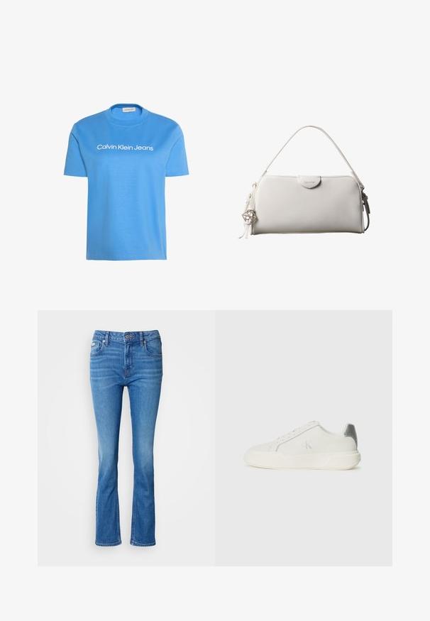 Hellblaues kurzärmeliges Rundhalsshirt mit dem weiß gedruckten Schriftzug "Calvin Klein Jeans" auf der Brust.; Blaue Denim-Jeans mit ausgestelltem Bein und mittelhoher Taille, ausgestattet mit einem klassischen Fünf-Taschen-Design und subtiler Ausbleichung an den Knien.; Weißer Sneaker aus Leder mit glatter Textur, ausgestattet mit einem silbernen Akzent an der Ferse, flacher Sohle und minimalistischem Design.; Weiße rechteckige Calvin Klein Handtasche mit einem einzelnen Henkel, minimalistischem Design und dekorativen Quasten mit geometrischem Metallanhänger an der Seite.