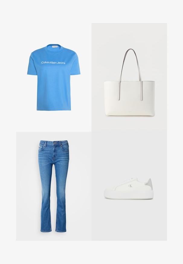 Hellblaues kurzärmeliges Rundhalsshirt mit dem weiß gedruckten Schriftzug "Calvin Klein Jeans" auf der Brust.; Blaue Denim-Jeans mit ausgestelltem Bein und mittelhoher Taille, ausgestattet mit einem klassischen Fünf-Taschen-Design und subtiler Ausbleichung an den Knien.; Weiße Leinensneaker mit einer dicken weißen Sohle, die ein metallisch silbernes Detail an der Ferse und ein dezentes Logo auf der Seite aufweisen.; Weiße Tragetasche mit langen, schlanken Griffen. Hergestellt aus glattem Material, mit minimalistischem Design und dezenten Nahtdetails.