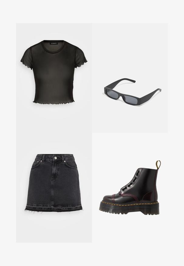 Sort gennemsigtig kortærmet top med rund halsudskæring og bølgede kanter. Lavet af letvægtsstof, designet er tætsiddende og let cropped.; Sort denim mini nederdel med en lige silhuet, som har forlommer, metalknaplukning og frynset kantdetalje.; Dr. Martens SINCLAIR - Plateaustøvletter - cherry red arcadia; Sorte rektangulære solbriller med mørke linser og tykke matte stel. Armen er let tilspidset med en glat overflade.