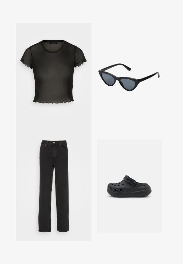 Schwarzes, transparentes Oberteil mit kurzen Ärmeln, Rundhalsausschnitt und gewellten Kanten. Hergestellt aus leichtem Stoff, ist das Design tailliert und leicht verkürzt.; Schwarze Jeans im Straight-Leg-Stil mit fünf Taschen, Knopfverschluss vorn und Gürtelschlaufen, vor einem weißen Hintergrund präsentiert.; Schwarzer Gummischuh mit Belüftungsöffnungen, erhöhtem Absatz und verstellbarem Riemen. Glatte Textur und abgerundete Form.; Schwarze Cat-Eye-Sonnenbrille mit dunkelgrauen Gläsern, schlankem Kunststoffrahmen, spitzen Ecken und geraden Bügeln. Keine sichtbaren Befestigungen oder Akzente.
