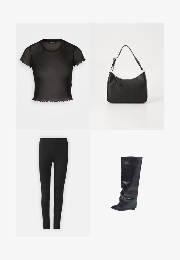 Schwarzes, transparentes Oberteil mit kurzen Ärmeln, Rundhalsausschnitt und gewellten Kanten. Hergestellt aus leichtem Stoff, ist das Design tailliert und leicht verkürzt.; Schwarze Leggings aus elastischem Stoff mit einer glatten Textur, ausgestattet mit einem hohen Bund und einem taillierten Design.; Bata Keilstiefel - nero; Schwarze Lederhandtasche mit geschwungener Form, einem einzigen Tragegurt, Reißverschlussverschluss und dezentem Branding auf der Vorderseite. Glatte Textur, minimalistisches Design.