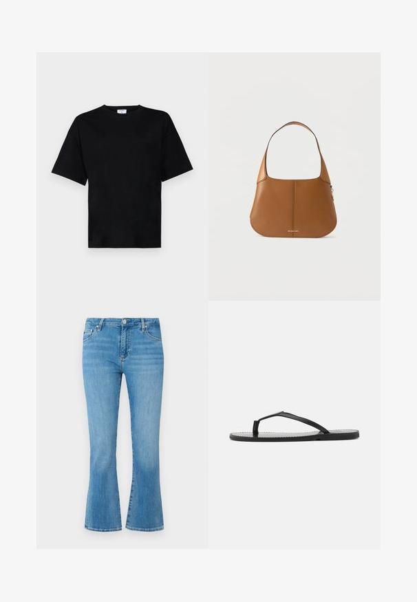 Sort kortærmet t-shirt i en afslappet pasform, lavet af blødt stof, med rund halsudskæring og uden fremtrædende mønstre eller accenter.; Lyseblå denim flared jeans med høj talje, forlommer og en falmet vask. Har en metalspænde lukning og kontraststing.; Sorte flip-flops med minimalistisk design, der har tynde stropper og en flad sål. Materialet ser ud til at være plast med en glat overflade.; Brun skuldertaske i læder med enkelt rem, buet bund og lille gyldent logo ved bunden i midten på hvid baggrund.
