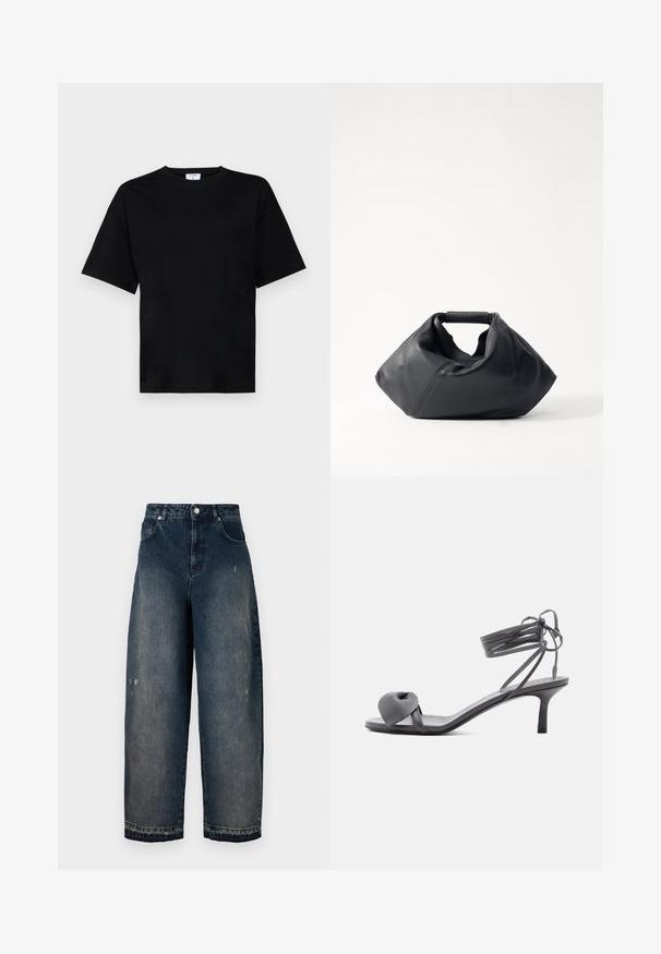 Zwart shirt met korte mouwen in een relaxte pasvorm, gemaakt van zachte stof, met een ronde halslijn en zonder opvallende patronen of accenten.; Donkerdenim wijde pijpen jeans met een hoge taille, vijf zakken, zichtbare stiksels en lichte slijtage aan de voorkant. Klassieke knoop- en ritssluiting.; Grijze leren sandaal met hak, voorzien van een geknoopte band bij de tenen en wikkellinten rond de enkel op een slanke sandaal met een middenhoge hak, tegen een witte achtergrond.; Zwarte leren tas met een gestructureerde buitenkant, unieke geplooide vorm en een kort handvat. Voorzien van een enkel hoofdvak.