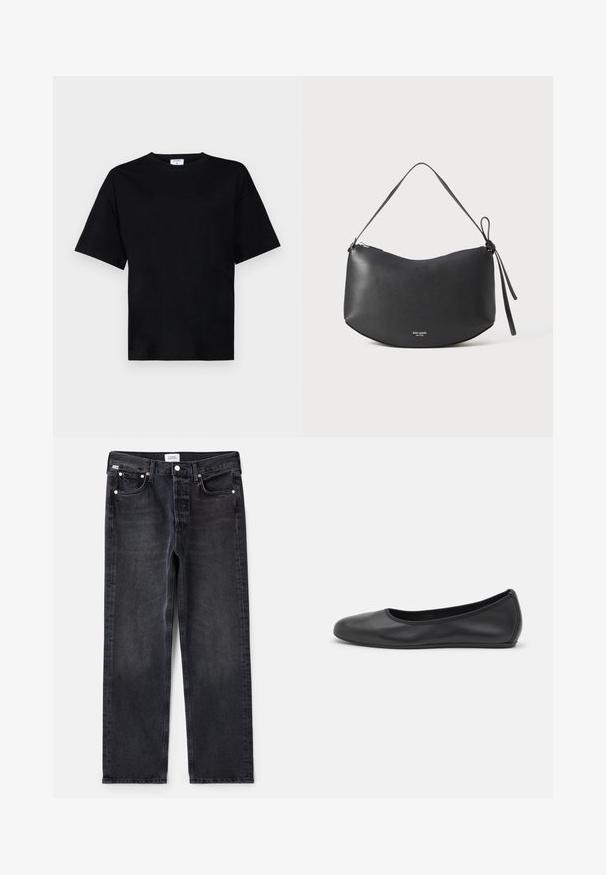 Sort kortærmet t-shirt i en afslappet pasform, lavet af blødt stof, med rund halsudskæring og uden fremtrædende mønstre eller accenter.; Sorte denimjeans med lige pasform, fem lommer, sølvhardware og en let falmet tekstur. Klassisk design med minimal detaljering.; Sort læderballetsko med rund tå, glat tekstur, minimal syning og et fleksibelt såldesign.; Sort læder skuldertaske med en buet form, lynlås lukning og et knyttet rem. Viser et diskret logo på forsiden. Glat tekstur.