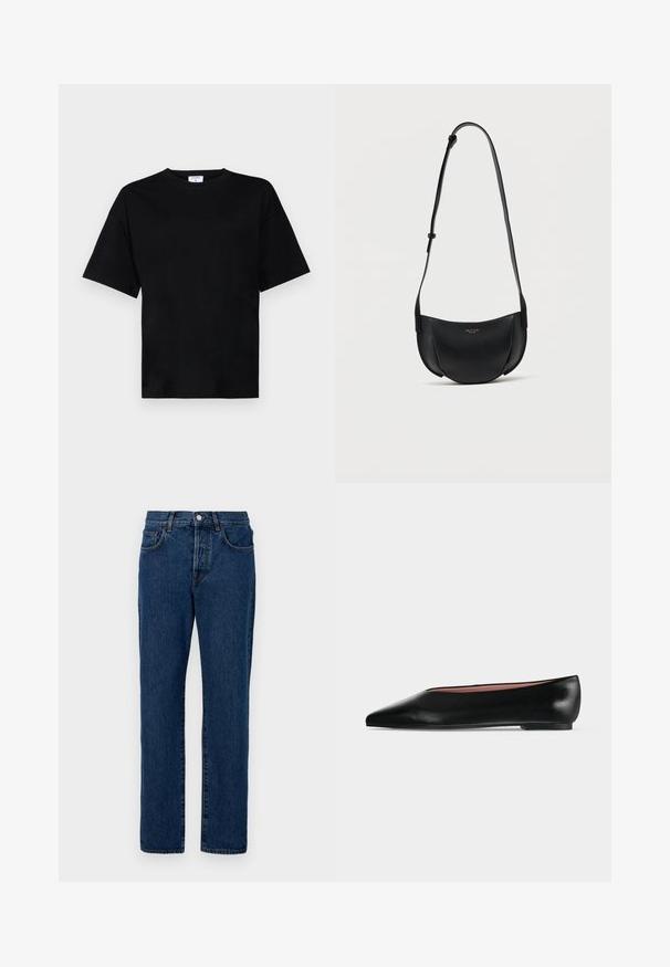 Camiseta negra de manga corta en corte relajado, hecha de tela suave, con un cuello redondo y sin patrones o acentos prominentes.; Jeans de mezclilla en azul oscuro, con un corte clásico de pierna recta, cinco bolsillos y costuras visibles. La tela tiene una ligera textura.; Zapato plano negro de cuero para mujer con punta puntiaguda y tacón bajo, mostrado de lado sobre un fondo liso gris claro.; Bolso bandolera de cuero negro en forma de media luna con correa ajustable y pequeño logo dorado en el centro frontal.