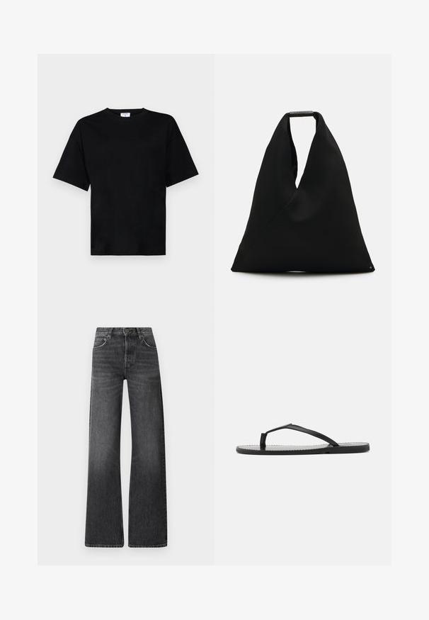 Sort kortærmet t-shirt i en afslappet pasform, lavet af blødt stof, med rund halsudskæring og uden fremtrædende mønstre eller accenter.; Sorte denim jeans med høj talje og bred ben-design. Har fem lommer og en subtil falmet tekstur med kontrastfarvet syninger.; Sorte flip-flops med minimalistisk design, der har tynde stropper og en flad sål. Materialet ser ud til at være plast med en glat overflade.; Sort stof tote bag med et unikt V-formet design og en glat overflade. Har et kort håndtag med minimalistisch hardware detaljer.