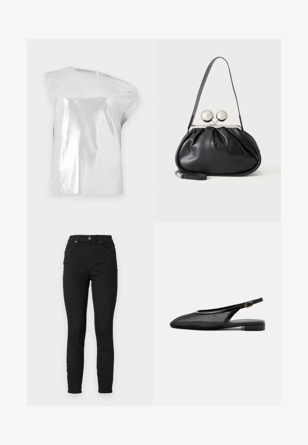Mouwloos zilverkleurig metallic topje met een ronde hals en een asymmetrisch schouderontwerp, afgebeeld tegen een effen achtergrond.; Zwarte skinny jeans van denim met een hoge taille, voorzien van voorzakken, een knoopsluiting en subtiele stikdetails op de naden.; Zwarte slingback platte schoen met puntige neus, mesh bovenwerk, verstelbare gespsluiting en lage gestapelde hak op witte achtergrond.; Zwarte leren handtas met een geplooid ontwerp, een enkele schouderband, zilverkleurige metalen omlijsting en twee grote ronde zilveren sluitingen.