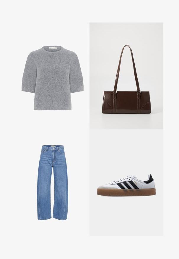 Lichtgrijze trui met korte mouwen en een ronde hals, gemaakt van een zachte, gestructureerde stof, met een comfortabele pasvorm en geribbelde manchetten.; Lichtblauwe denim wijde broek met hoge taille, voorzien van een knoop en ritssluiting, vijf zakken en subtiele vervagingsdetails.; Witte leren sneakers met zwarte strepen, gumrubberen buitenzool, ronde neus, vetersluiting en een zachte grijze suède neuskap.; Bruine lakleren handtas met een rechthoekige vorm, twee lange handvatten en subtiele gebogen accenten aan de voorkant.