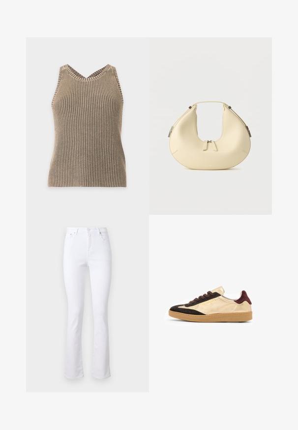 Débardeur beige et marron en maille avec texture côtelée et encolure en V sur un fond uni clair.; Jeans en denim blanc évasés avec une taille haute, quatre poches et une fermeture à bouton à l'avant. Présente une texture lisse et des ourlets nets.; Baskets basses en suède doré et noir avec des lacets marron, semelle en caoutchouc texturé et détail de logo sur le côté extérieur.; Sac à main beige en forme de croissant avec fermeture à double fermeture éclair et poignée courte, avec des détails en métal argenté sur les côtés.