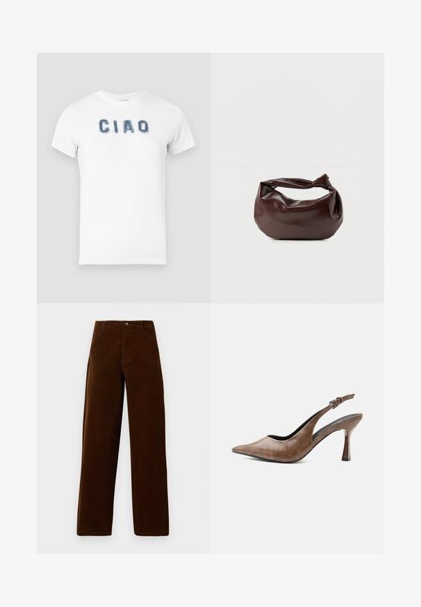 T-shirt en coton blanc avec un texte "CIAO" bleu usé sur la poitrine. Manches courtes et décolleté ras du cou.; Pantalons droits en velours côtelé marron avec poches devant, passants de ceinture et fermeture à bouton sur fond blanc.; Chaussure slingback en cuir marron à talons hauts, bout pointu, bride ajustable à boucle et talon fin et effilé.; Sac bandoulière en cuir marron foncé avec une forme souple et décontractée et une anse nouée torsadée sur un fond blanc uni.