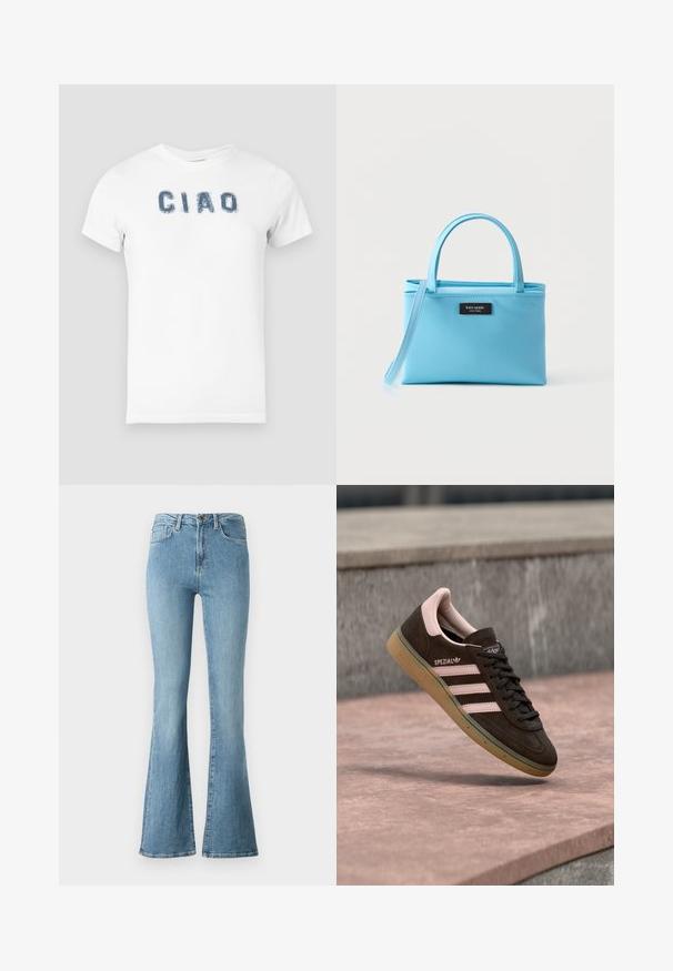 Weißes Baumwoll-T-Shirt mit blauer, abgenutzter "CIAO"-Schriftzug über der Brust. Kurze Ärmel und runder Ausschnitt.; Hellblaue Jeans aus Denim mit hoher Taille und ausgestellt geschnittenen Beinen, ausgestattet mit frontalen Taschen und einem Knopfverschluss.; Dunkelbrauner Veloursleder-Sneaker mit pinkfarbenen Akzenten, drei pinken Streifen, einer strukturierten Sohle und einem Logo an der Seite. Klassisches Low-Profile-Design.; Kleine hellblaue Kate Spade Handtasche mit doppelten Griffen und abnehmbarem Schulterriemen auf weißem Hintergrund.