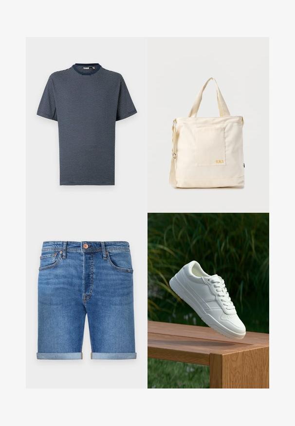 Marineblaues kurzärmeliges T-Shirt mit dünnen weißen horizontalen Streifen und rundem Ausschnitt vor einfarbigem Hintergrund.; Denim-Shorts in einem mittleren Blauton mit umgeschlagenen Säumen, Fünf-Taschen-Design, Messingknopfverschluss und kontrastierenden Nähten.; Weiße Ledersneaker mit glatter Oberfläche, ausgestattet mit einem perforierten Design, klassischer Schnürung und Gummisohle, positioniert auf einer Holzoberfläche.; Beige Canvas-Shopper mit Fronttasche, zwei Griffen, verstellbarem Schulterriemen und kleinem gelbem "O.N.S"-Text unten rechts auf der Tasche.
