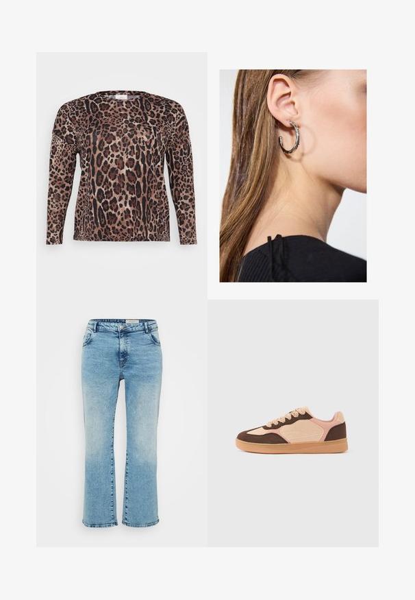 Langærmet skjorte med leopardprint i nuancer af brun, sort og beige. Blød tekstur med en afslappet pasform.; Lyseblå denimjeans med lige snit, der har knaplukning, fem lommer og subtil falming ved knæene.; Afslappet sneaker med lysebeige, bløde lyserøde og mørkebrune ruskindspaneler, snørelukning og gummisål mod ensfarvet baggrund.; Sølv hoop ørestik med en poleret overflade, prydet med små guld accenter og en rund form, båret på øreflippen.