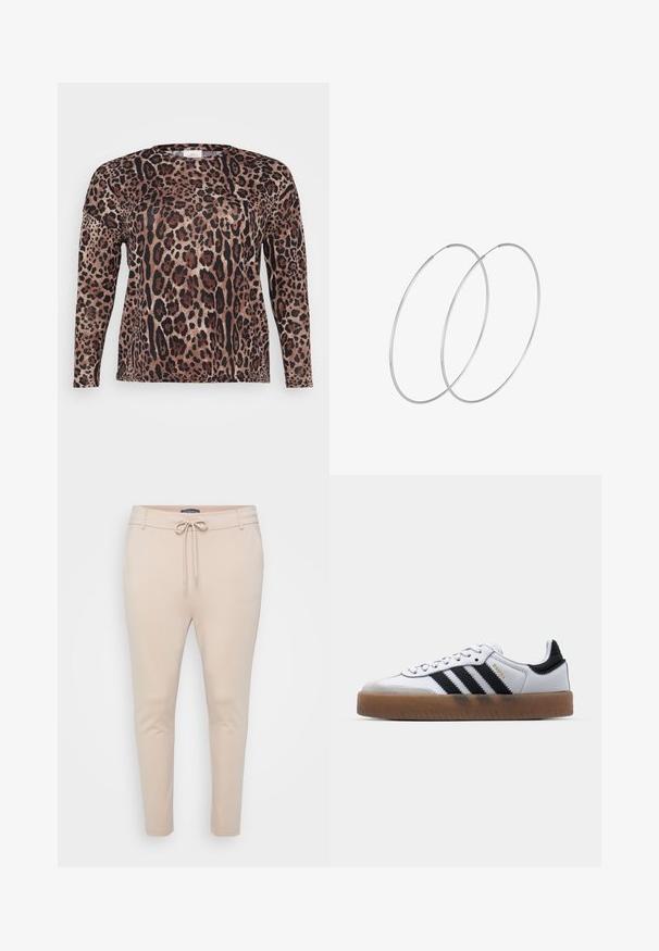 Langærmet skjorte med leopardprint i nuancer af brun, sort og beige. Blød tekstur med en afslappet pasform.; Beige letvægts joggerbukser med snoretræk i taljen og to sidelommer. Glat tekstur, tapered ben og minimalt sømadetail.; Hvide lædersneakers med sorte striber, gummirubber sål, rund tå, snørelukning og blød grå ruskinds tåhætte.; Sølvøreringe med et minimalistisk design. Cirkulær form, glat tekstur og tynd profil. Letvægtige med en poleret overflade.