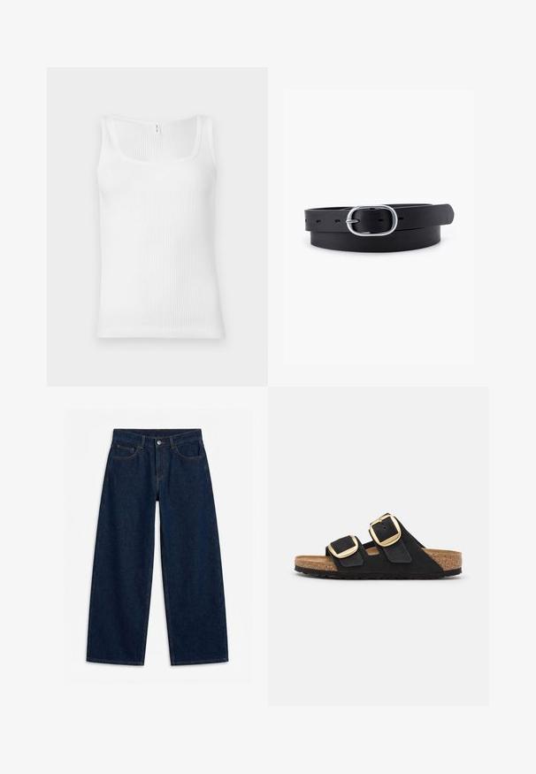 Top sin mangas blanco de canalé con escote rectangular y tirantes anchos. La tela tiene una apariencia texturada y elástica.; Vaqueros denim azul oscuro de pierna ancha con botón delantero y cremallera, trabillas para cinturón y diseño de cinco bolsillos, colocados planos sobre un fondo blanco.; Sandalias deslizantes de ante negro con dos correas anchas, cada una con una gran hebilla dorada, y una plantilla de corcho natural con una suela de goma texturizada.; Cinturón de cuero negro con una textura suave, hebilla ovalada de metal plateado y múltiples agujeros de ajuste a lo largo de la correa. Diseño plano y minimalista.