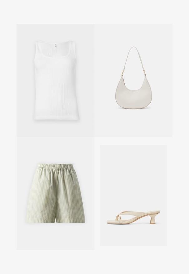 Top sin mangas blanco de canalé con escote rectangular y tirantes anchos. La tela tiene una apariencia texturada y elástica.; Pantalones cortos de algodón verde claro con rayas verticales blancas, cinturilla elástica y un ajuste suelto y relajado. Textura suave.; Sandalia de tacón beige con tacón bajo y acampanado, y diseño de tira en forma de tanga sobre fondo blanco.; Bolso de hombro de cuero crema con forma de media luna, correa delgada y sutil detalle de costuras. Diseño minimalista con acentos de hardware en tono dorado.