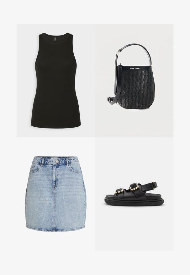 ONLY ONLMILLI - Top - black; Lichtblauwe denim mini-jurk met een sluiting met knopen en rits aan de voorkant, riemlussen en voorzakken.; ALOHAS HARPER - Sandalen - black; Zwarte geweven handtas met afgeronde bodem, leren afwerking, verstelbare schouderriem en Samsøe Samsøe merklogo op de bovenste band.