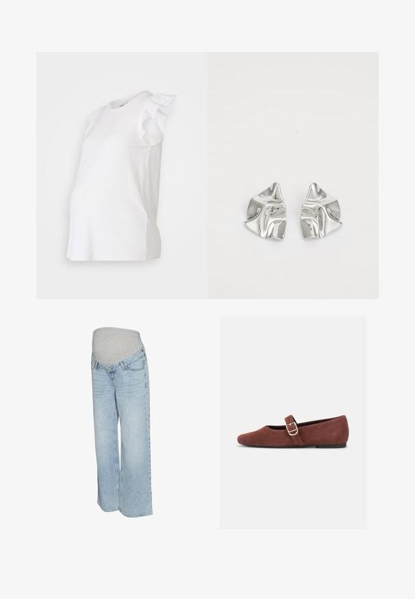 Weißes Schwangerschaftsoberteil mit Rüschensaum und Durchbruchdetails an den Ärmeln, rundem Ausschnitt und einem lässigen Schnitt, der für einen wachsenden Bauch konzipiert ist.; Hellblaue Jeans mit einem grauen dehnbaren Bund, weitem Bein und klassischer Fünf-Taschen-Optik. Glatte Textur mit ausgeblichenem Waschung.; Brauner Wildleder-Mary-Jane-Flachschuh mit goldener Schnallenriemen und schwarzer Sohle vor weißem Hintergrund.; Silberne Metallohrringe mit einem wellenförmigen, skulpturalen Design, das eine polierte Oberfläche und unregelmäßige Formen aufweist, die eine zeitgenössische Ästhetik betonen.