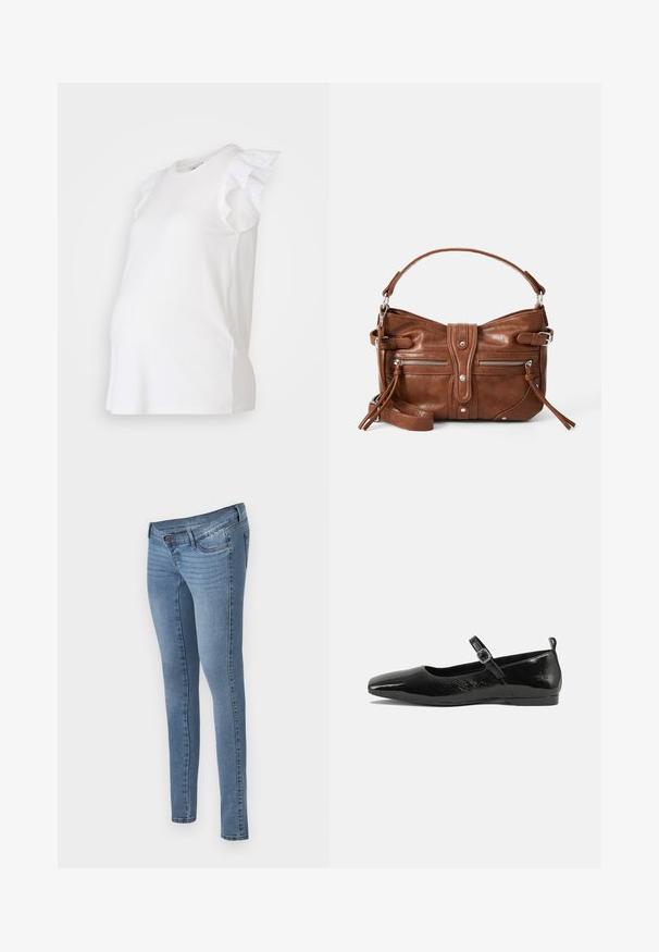 Valkoinen äitiystoppi, jossa on röyhelöityjen erikoisneulossivujen, pyöreä kaula-aukko ja rento malli, joka on suunniteltu mukautumaan kasvavaan vauvanmahasi.; MAMALICIOUS Skinny fit maternity Mid waist - Skinny-Farkut - medium blue denim; Musta patenttinaahkakenkä litteällä pohjalla, terävä kärki, nilkkahihna soljella ja sileä, kiiltävä pinta. Matala korko mukavuutta varten.; Ruskea nahkainen käsilaukku pyöreällä muotoilulla, jossa on kaksi etupuolen vetoketjullista taskua ja irrotettava olkahihna. Varustettu hopeanvärisillä yksityiskohdilla ja ompelulla.
