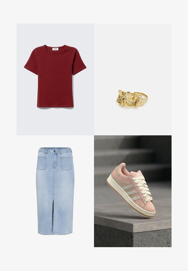 Kortærmet, oxrød T-shirt med rund hals og et "WEEKDAY" mærke på indersiden af nakken, lagt fladt på en lysgrå baggrund.; Lys blå denim midi-nederdel med en forkortet slids, fem lommer og en tætsiddende talje med bæltestropper og knaplukning.; Lyserød ruskind og beige læder sneaker med hvide striber, rund snude, flad sål og hvide snørebånd. Har et logo på tungen.; Guldring med tekstureret, bølget design, der har tre fremtrædende toppe. Glat, skinnende overflade med en åben ring, der gør den justerbar.