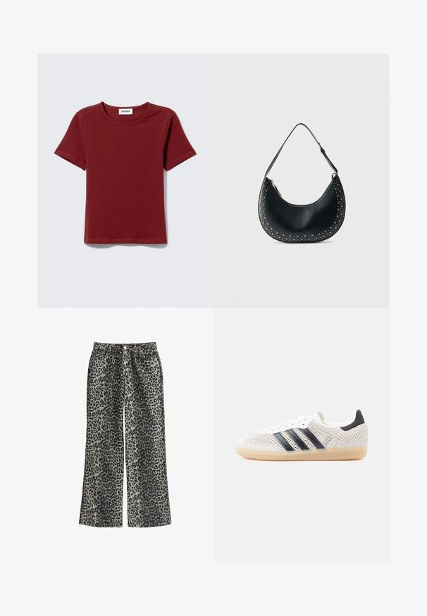 Korte mouw, ronde hals wijnrode T-shirt met een "WEEKDAY" label aan de binnenkant van de achterkraag, plat gelegd op een lichtgrijze achtergrond.; Leopardprint wijde broek van zachte stof, met een hoge taille, vijf zakken en metalen knoopsluiting.; Witte sneakers van mesh met een zwart ontwerp van drie strepen, een ronde neus en een rubberen gumzool. Voorzien van een zachte hielkraag en een vetersluiting.; Zwarte leren halve maan schoudertas met zilveren studs langs de randen en een verstelbare band op een witte achtergrond.