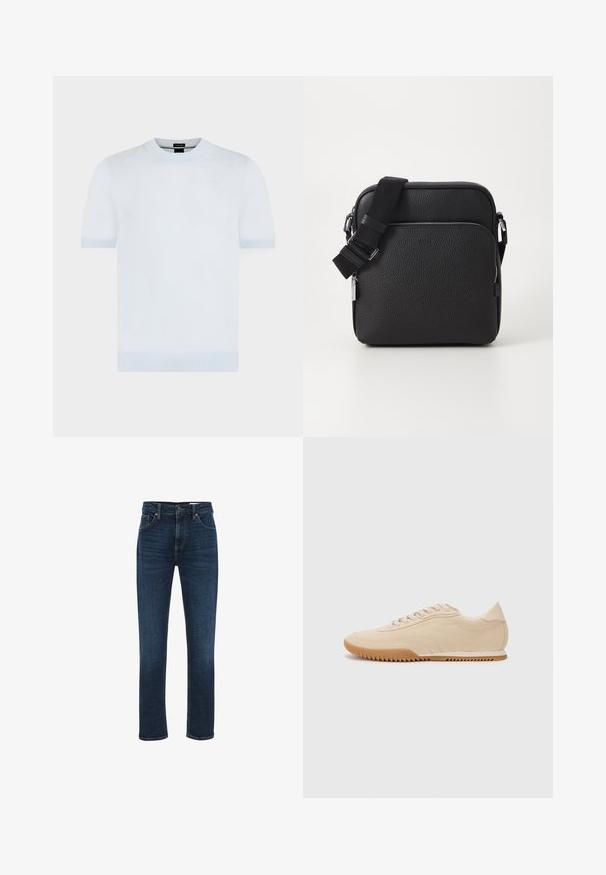 Kortærmet hvid strikket sweater med ribbet rund hals, manchetter og kant, vist på ensfarvet baggrund.; WE Fashion BLUE RIDGE - Jeans Straight Leg - dark blue; Beige ruskinds sneakers med et strømlinet design, der har et struktureret overdel, rund tå og en gummisål med et zigzag-mønster.; Sorth læder crossover taske med en tekstureret overflade, der har en frontlomme med lynlås, justerbar strop og metal hardware detaljer.