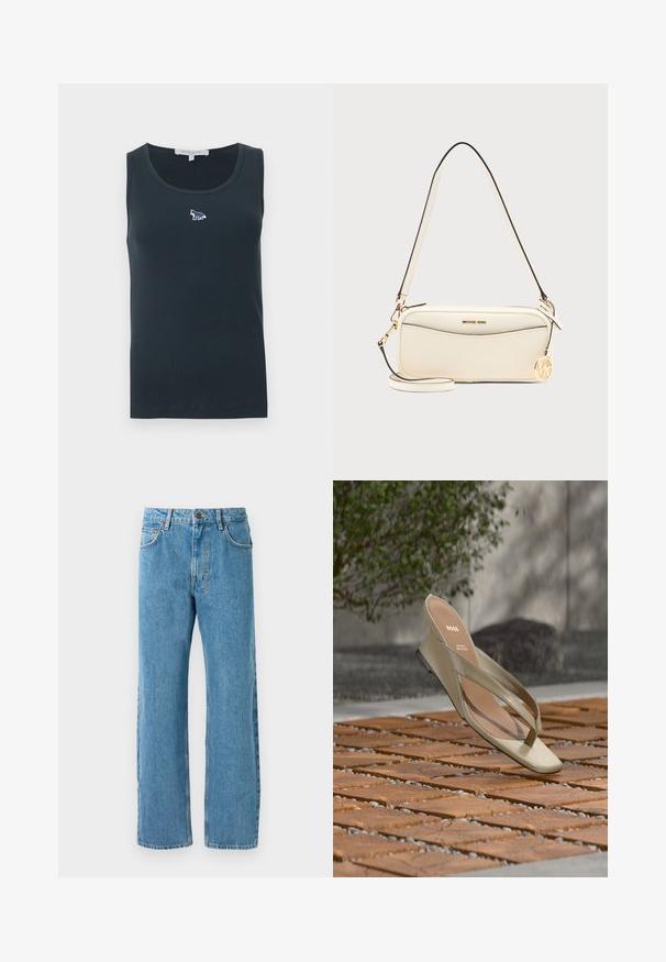 Mørkegrå, ribstrikket, ærmeløs tanktop med en lille, broderet rævelogo midt på den øverste del af brystet.; Lyseblå denimjeans med løs pasform, høj talje, fire lommer og lynlås. Klassisk fem-lomme design.; Beige læder tåsandal med BOSS-logo på indersålen, svævende over en terrasse med trælameller og små sten imellem.; Skuldertaske i cremefarve fra Michael Kors med guldfarvet logo-vedhæng, lynlåslukning og justerbar rem på ensfarvet baggrund.