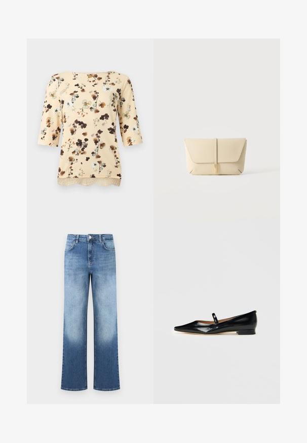 Blouse beige à motif floral avec manches trois-quarts, comportant des fleurs marron, bleues et blanches et une bordure en dentelle à l'ourlet.; Jean en denim bleu taille haute avec un dégradé passant du bleu clair au bleu plus foncé, équipé de poches avant et d'une fermeture à bouton.; Chaussure plate Mary Jane en cuir verni noir, à bout pointu, avec une seule sangle et un petit talon sur fond uni.; Pochette en cuir beige avec rabat avant et fermeture par sangle verticale, sur un fond clair uni.
