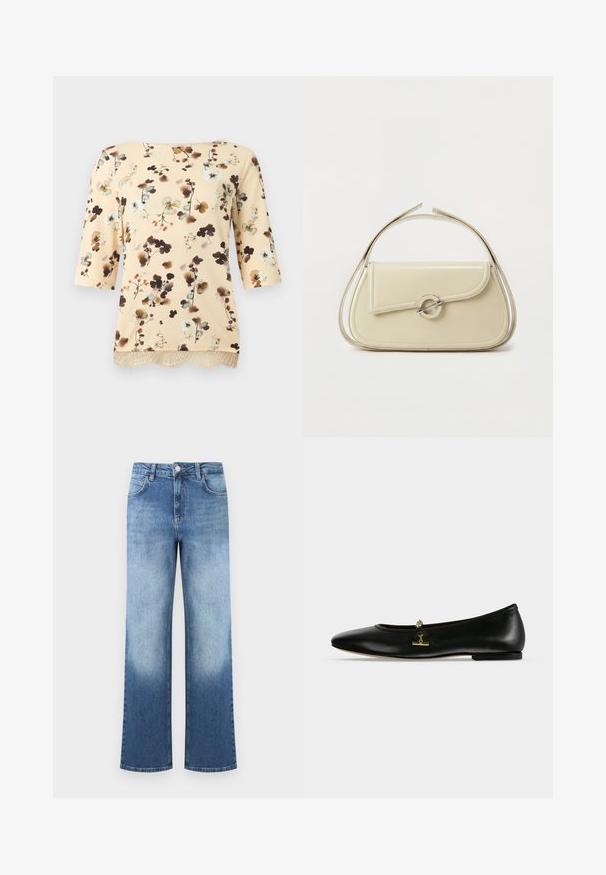 Blouse beige à motif floral avec manches trois-quarts, comportant des fleurs marron, bleues et blanches et une bordure en dentelle à l'ourlet.; Jean en denim bleu taille haute avec un dégradé passant du bleu clair au bleu plus foncé, équipé de poches avant et d'une fermeture à bouton.; Chaussure plate en cuir noir avec une petite chaîne dorée et un détail barre sur le dessus, bout arrondi et talon bas.; Sac à main en cuir crème avec rabat incurvé, fermoir circulaire en argent et poignée courte sur le dessus, sur fond blanc uni.