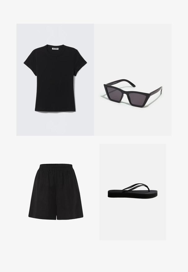 Camiseta negra lisa de manga corta con cuello redondo y etiqueta "WEEKDAY" en el interior del cuello trasero, colocada plana sobre un fondo gris claro.; Pantalones cortos de algodón negros con cinturilla elástica, con un ajuste holgado y un diseño de pierna recta. Textura suave, sin patrones o acentos adicionales.; Chancla negra de goma con suela texturizada y correa en forma de Y, mostrada en vista lateral sobre un fondo liso y claro.; Gafas de sol negras y angulares con lentes grises; fabricadas en plástico, con varillas gruesas de superficie suave y sin herrajes visibles.
