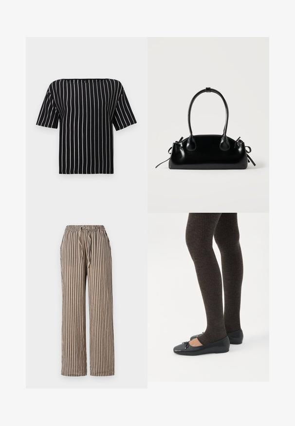 Top à manches courtes à rayures noir et blanc avec un décolleté carré et une coupe ample et décontractée. Fabriqué à partir d'un tissu texturé.; Pantalon large à rayures beige avec des rayures verticales marines. Il dispose d'une taille élastique avec un cordon de serrage et de poches latérales. Texture de tissu douce.; Jambes portant des leggings côtelés foncés associés à des ballerines noires avec de petits détails en nœud sur fond blanc.; Petit sac à main noir brillant avec deux longues anses et des détails à cordon sur les côtés sur un fond clair uni.
