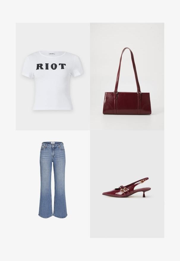 Witte T-shirt met korte mouwen en een ronde halslijn, met het woord "RIOT" in vetgedrukte zwarte letters op de voorkant. Zachte katoenen stof.; Lichtblauwe spijkerbroek met hoge taille, uitlopende pijpen en knoopsluiting aan de voorkant.; Bordeaux lakleren slingback schoen met een spitse neus, twee platte banden met gouden gespen en een kleine hak.; Bourgondische handtas van glanzend materiaal, rechthoekige vorm, met twee schouderbanden en subtiele gebogen accenten aan de voorkant.