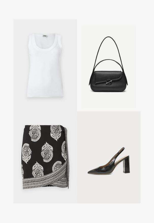 Hvid ribbet ærmeløs tanktop med rund halsudskæring og mærkelabel ved kraven bagpå, vist på en ensfarvet hvid baggrund.; Sort indpakket nederdel med hvide paisley-mønstre og et detaljeret kantdesign. Fremstillet af letvægtsstof med en glat tekstur.; Sort læder peep-toe slingback sko med høj blokhæl og beige indvendig foring mod en ensfarvet lys baggrund.; Sort læderhåndtaske med afrundede kanter, asymmetrisk klap, metalcirkulært spænde samt både korte og lange skulderstropper.
