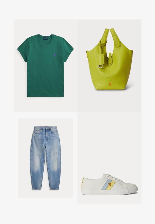 Πράσινο κοντομάνικο μπλουζάκι Polo Ralph Lauren με στρογγυλή λαιμόκοψη και μικρό μοβ κεντητό λογότυπο στο αριστερό μέρος του στήθους.; Ανοιχτό μπλε τζιν ψηλόμεσο με ελαφριά ξεθώριασμα και φθορές κοντά στις μπροστινές τσέπες, σχέδιο με πέντε τσέπες και με στενά μπατζάκια.; Λευκό sneaker χαμηλού τύπου με μπλε και κίτρινες πλευρικές ρίγες και μικρό χρυσό λογότυπο, με λευκά κορδόνια και υφασμένο καουτσούκ σόλα.; Φωτεινή πράσινη δερμάτινη τσάντα-κουβάς με υφή στην επιφάνεια, ρολάριστες λαβές και αποσπώμενο τσαντάκι. Διαθέτει μικρό κόκκινο λογότυπο στο μπροστινό μέρος.