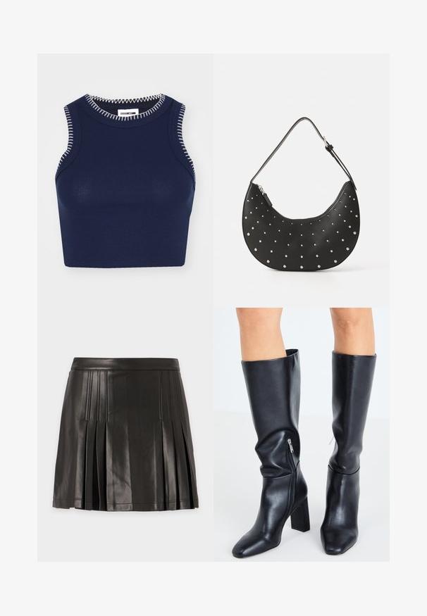Débardeur côtelé marine à encolure ronde, avec des coutures blanches contrastantes le long des bords et sans manches.; Mini-jupe plissée en similicuir noir avec des détails cousus le long des plis et de la ceinture sur un fond uni.; Steve Madden SPEEDWAY - Bottes - black; Sac à main en cuir noir avec une forme arrondie, orné de clous en argent, doté d'une fermeture éclair et d'une seule sangle ajustable.