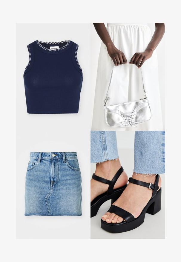 Marineblå ribbet tanktop med rund halsudskæring, prydet med kontrasterende hvid syning langs kanterne og uden ærmer.; Denim minisokker har en lys blå farve, lige snit, fem-lomme design og en knaplukning med en subtil falmet tekstur.; ALDO CELIE - Højhælede sandaletter / Højhælede sandaler - black; Sølvmetallic håndtaske med snøredetaljer, der har et slankt design og en kort strop. Tasken holdes i hænderne for at fremvise dens tekstur.