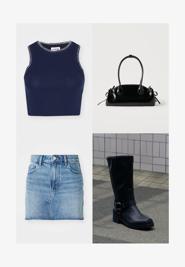 Tumesinine ribbed tank top ümmarguse kaelusega, millel on kontrastset valget tikandit ääristel ja ilma varrukateta.; Denim mini seelikul on hele sinine värv, sirge lõige, viie tasku disain ja nööbiga sulgemine koos peene fade tekstuuriga.; Must nahktõlvik keskmise vasikaosa kõrgusega, madala plokksanga ja kaunistava metallkinnitusega rihmaga ümber pahkluu, plaaditud kõnniteel.; Väike must läikiv käekott kahe pika sangaga ja külgedel paelakinnitustega, ühel lihtsal helel taustal.