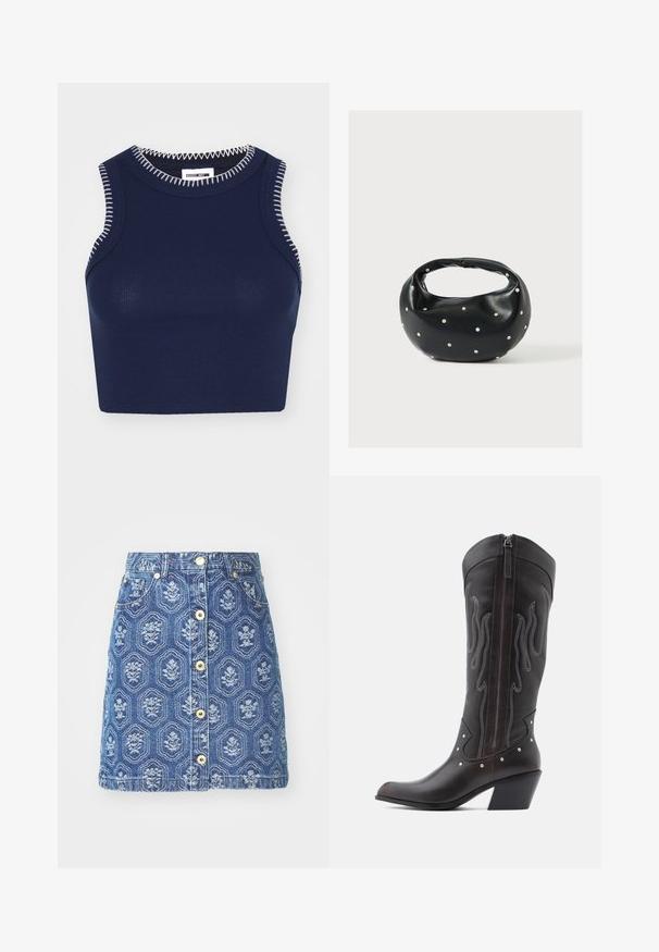Marineblå ribbet tanktop med rund halsudskæring, prydet med kontrasterende hvid syning langs kanterne og uden ærmer.; Denim nederdel med et blåt blomstermønster, der har lukning med knapper foran og lommer, a-line form og kontrastsyede detaljer.; Brune læder cowboystøvler med flammebroderi, sidelukning med lynlås, sølvnitter, spids snude og lagdelt hæl.; Sort læderhåndtaske med en rundet form, dekoreret med sølvnitter, og et kort håndtag. Glat tekstur og lynlåslukning.