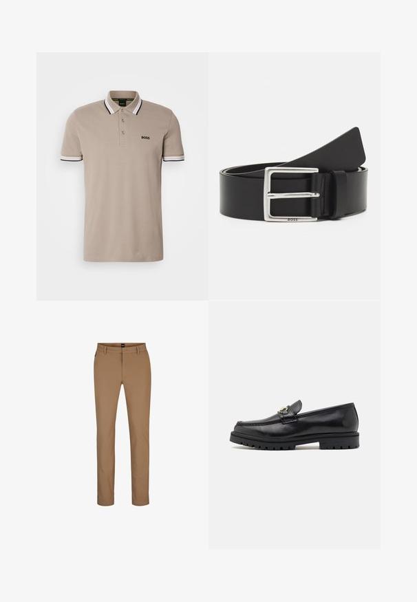 Camisa polo beige con collar clásico, mangas cortas y detalles en negro y blanco. Logo 'BOSS' bordado en el pecho.; Pantalones marrones claros de mezcla de algodón con un diseño de pierna recta, bolsillos frontales y cremallera. Hardware mínimo y sin patrones visibles.; Mocasines de cuero negro con un acabado suave, punta redonda, una tira decorativa con herraje dorado y una suela negra robusta.; Cinturón de cuero negro con una hebilla rectangular de plata, presenta un branding sutil y una textura suave. Los extremos se estrechan para un acabado redondeado.