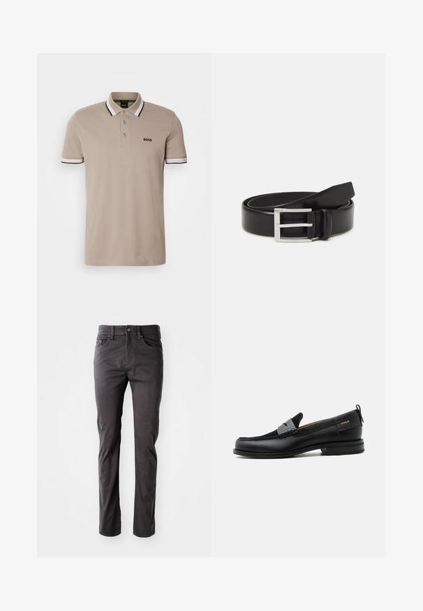 Beige polo-shirt med klassisk krave, korte ærmer og kantbånd med sort og hvid accent. Broderet 'BOSS' logo på brystet.; Mørkegrå, lige ben bukser lavet af bomuldsblandingsstof. Har en knap- og lynlåslukning samt fem lommer med subtile stikninger.; Sort læderloafer med grå remdetalje, lav hæl og tekstureret sål, mærket med "HUGO" i guld på siden.; Sort læderbælte med en blank finish; har en sølvmetal spænde med et rektangulært rammedesign og glatte kanter.
