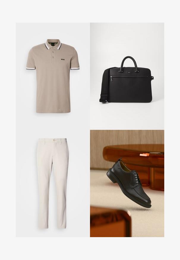 Beige polo särk klassikalise kraega, lühikeste varrukatega ja musta ja valge aktsendiga äärega. Rinna kohal tikitud 'BOSS' logo.; Beige püksid, millel on kitsas lõige, ees on nupuvajutus, siledad eesmine disain ja sirge jala lõige, valmistatud siledast puuvilla segust.; Mustast nahast pitsidega kleitking tekstureeritud esiosaga, hõljumas beeži vaiba kohal moodsas toas, millel on merevaigutoonilised mööbliesemed.; Mustad nahast kott siledast tekstuurist, kahe ülemise käepideme ja eemaldatava õlaajalaga. Omab lukuga esikotti ja logo detaili.