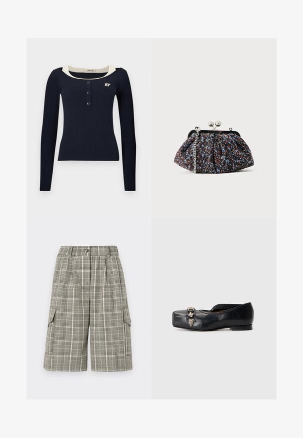Haut côtelé à manches longues bleu marine avec un col rond, un bord contrastant crème, une patte à trois boutons et un petit logo brodé sur la poitrine.; Shorts à carreaux dans des tons beige et gris doux, avec une ceinture élastiquée et un bouton, deux poches latérales, et un tissu texturé.; Chaussure plate en cuir noir avec un bout carré, sangle élastique et ornement métallique à l'avant, présentant une texture lisse et un talon minimal.; Pochette en tissu noir texturé avec motif floral multicolore, fermeture à clip en métal et bandoulière en chaîne argentée. Forme arrondie et design plissé.