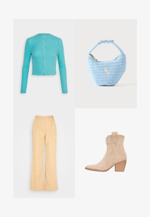 TOM TAILOR DENIM COZY SEAM DETAILS - Langærmet T-shirt - bright reef blue; IN THE STYLE GEORGIA LOUISE PIN STRIPE WIDE LEG TROUSERS - Bukser - stone; Beige ruskinds cowboy støvler med spids tå, dekorativ syning og en stablet hæl. Har en trækflap på bagsiden.; Lille lyseblå hæklede håndtaske med kort rem og guldfarvet lynlås, vist mod en ensfarvet lys baggrund.