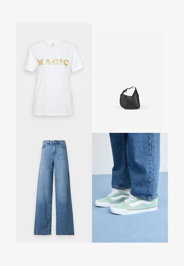 Biely bavlnený tričko s lesklým zlatým textom „MAGIC“ v tučnom, zaoblenom písme. Krátke rukávy a klasický okrúhly výstrih.; Svetlomodré široké džínsy s vysokým pásom, predným zapínaním na gombíky a zips, prednými a zadnými vreckami a jemným vyblednutím na stehnách.; Osoba v svetlozelených a bielych teniskách s bielymi šnúrkami a modrých džínsoch stojí na svetlomodrej podlahe.; Čierna kožená kabelka cez rameno s zaobleným trojuholníkovým tvarom a nastaviteľným remienkom na svetlom jednoduchom pozadí.